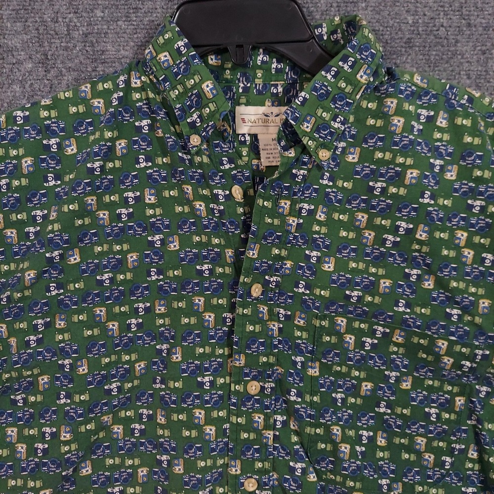 Natural Issue Shirt Mens Medium Green‎ Camera Print Short Sleeve Button Down